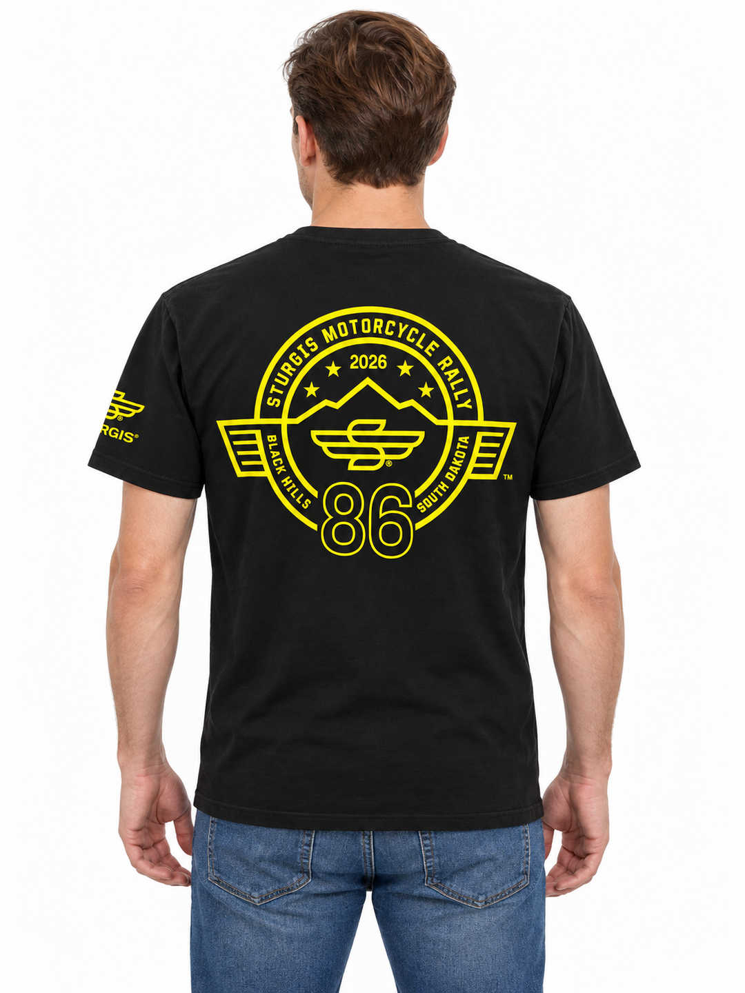 Sturgis 2026 Official Winged-S T-Shirt — Black / Yellow Logo — model back view
