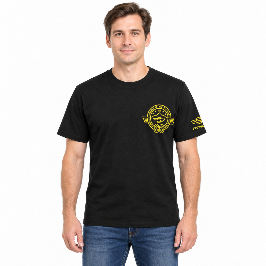 Sturgis 2026 Official Winged-S T-Shirt — Black / Yellow Logo — model front view