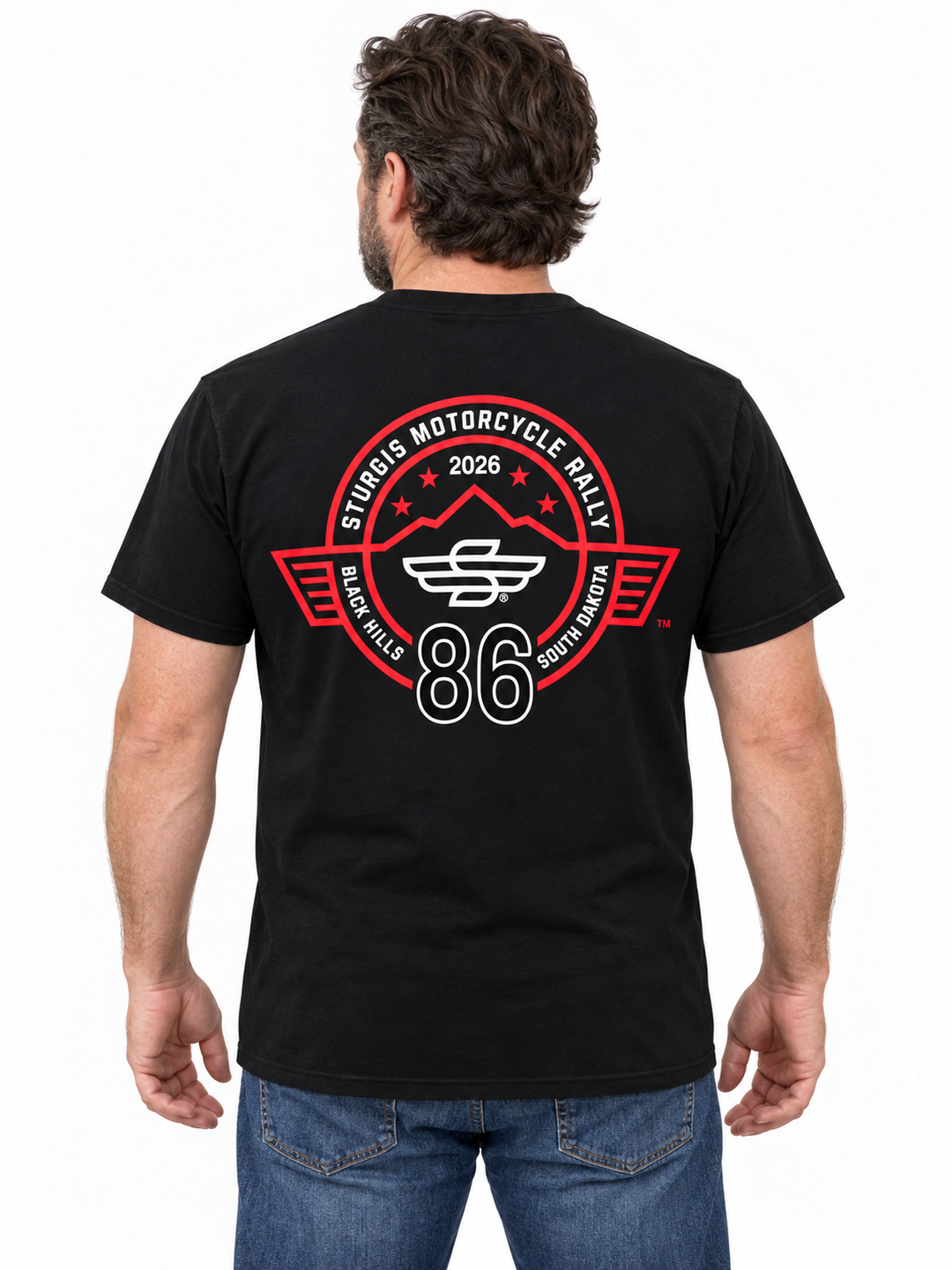 Sturgis 2026 Official Rally T-Shirt — Black / Red Rough Stripe — model back view