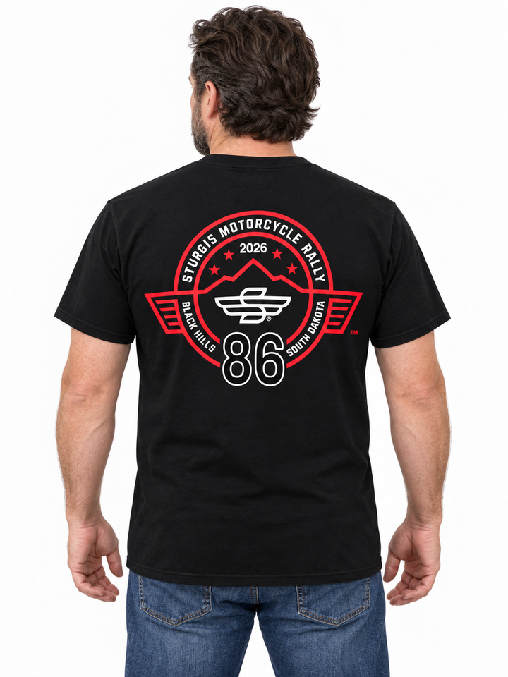 Sturgis 2026 Official Rally T-Shirt — Black / Red Rough Stripe — model back view