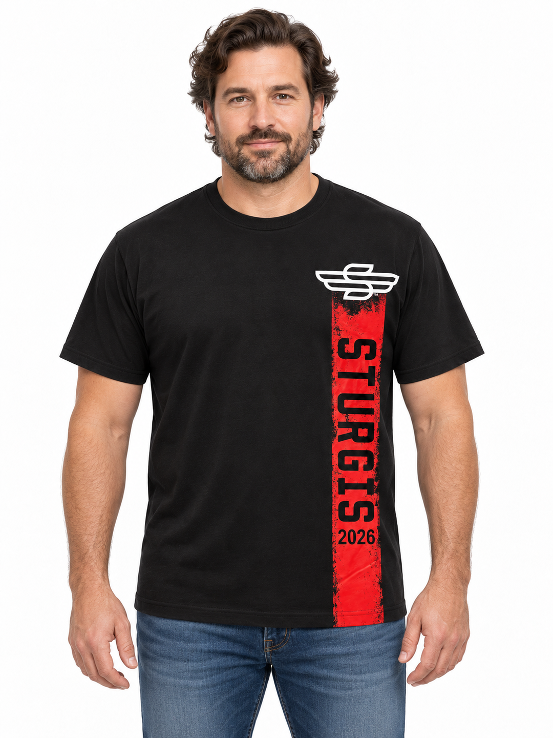 Sturgis 2026 Official Rally T-Shirt — Black / Red Rough Stripe — model front view
