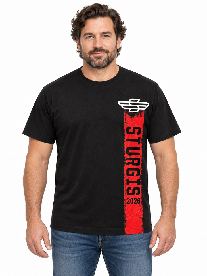 Sturgis 2026 Official Rally T-Shirt — Black / Red Rough Stripe — model front view