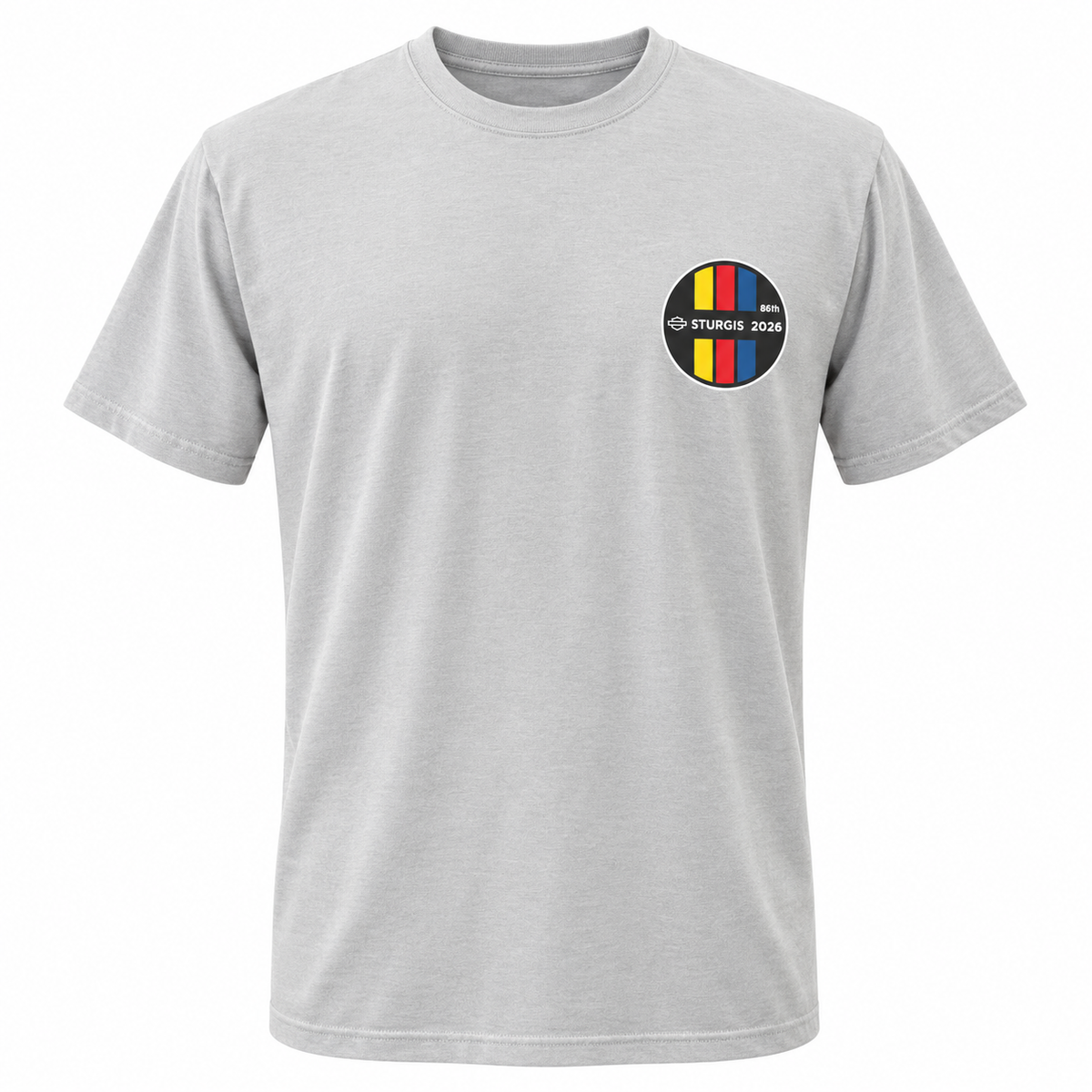 Sturgis 2026 Official Rally T-Shirt — Light Gray / Retro Stripe — front view