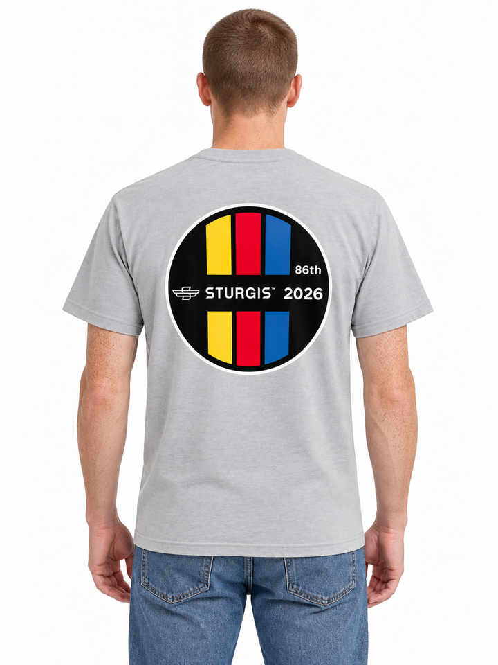 Sturgis 2026 Official Rally T-Shirt — Light Gray / Retro Stripe — model back view