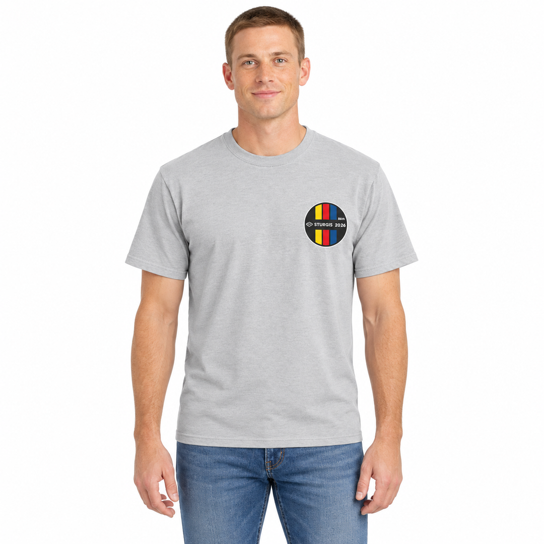 Sturgis 2026 Official Rally T-Shirt — Light Gray / Retro Stripe — model front view
