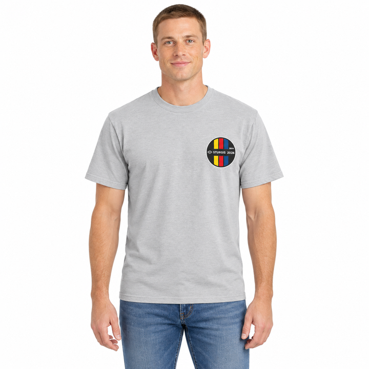 Sturgis 2026 Official Rally T-Shirt — Light Gray / Retro Stripe — model front view