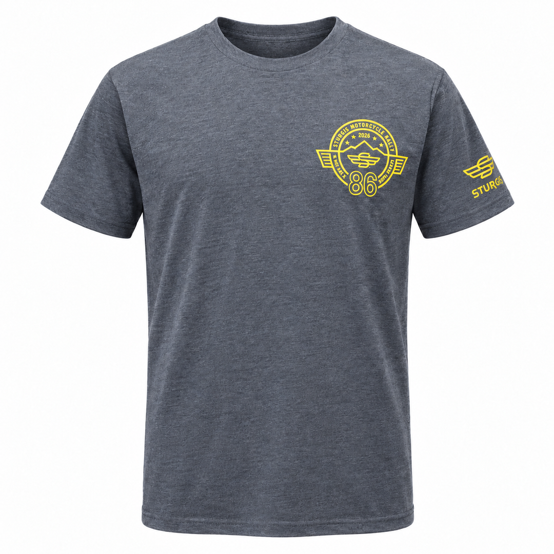 Sturgis 2026 Official Rally Logo T-Shirt — Heather Charcoal / Yellow — front view