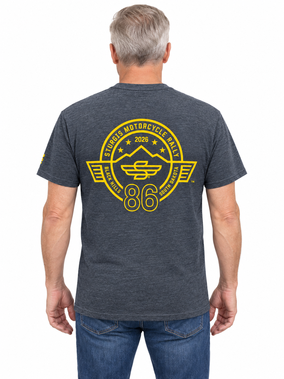 Sturgis 2026 Official Rally Logo T-Shirt — Heather Charcoal / Yellow — model back view
