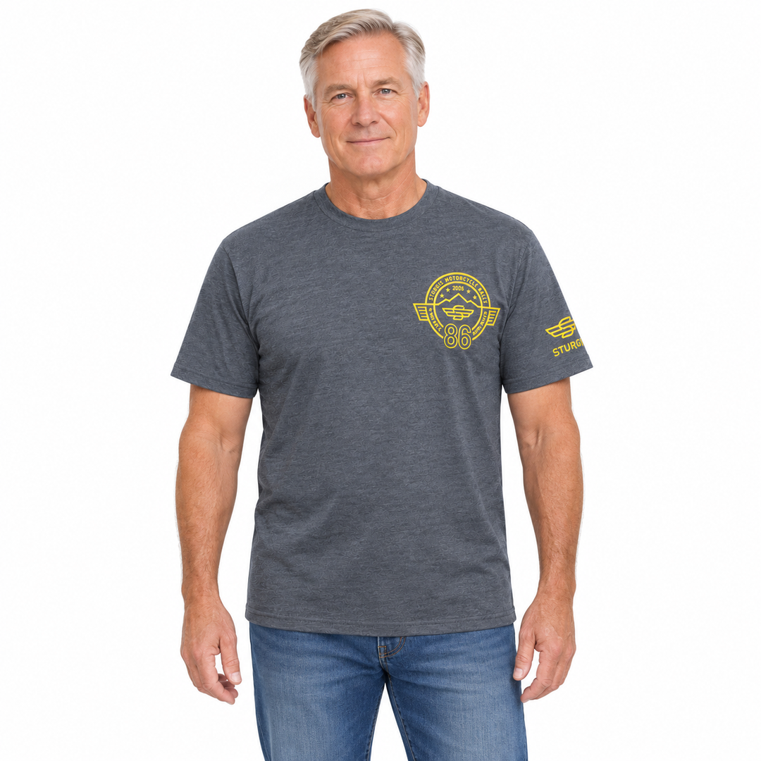 Sturgis 2026 Official Rally Logo T-Shirt — Heather Charcoal / Yellow — model front view