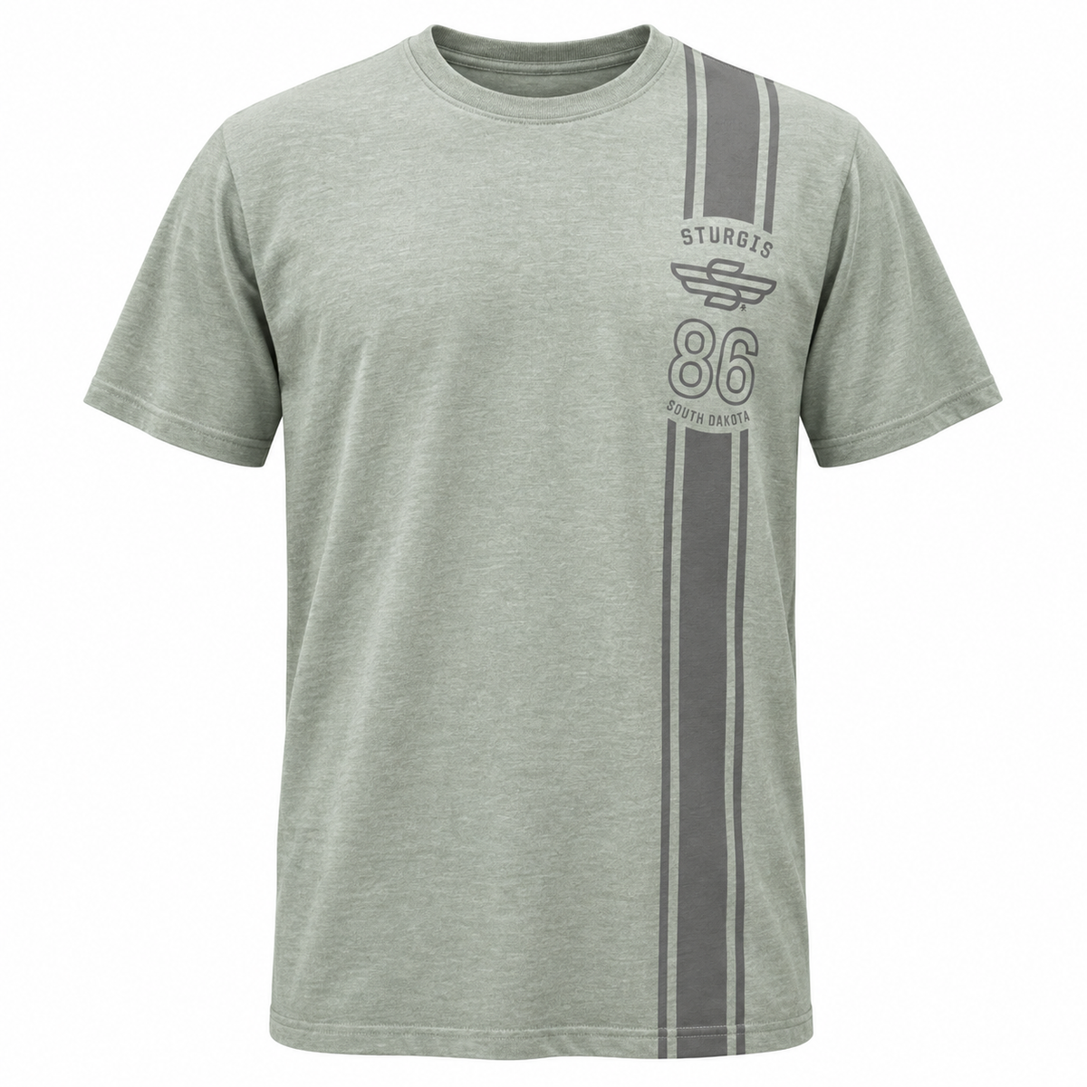 Sturgis 2026 Official Rally T-Shirt — Sage Green / Racing Stripes — front view
