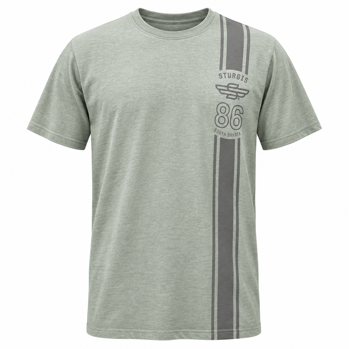 Sturgis 2026 Official Rally T-Shirt — Sage Green / Racing Stripes — front view