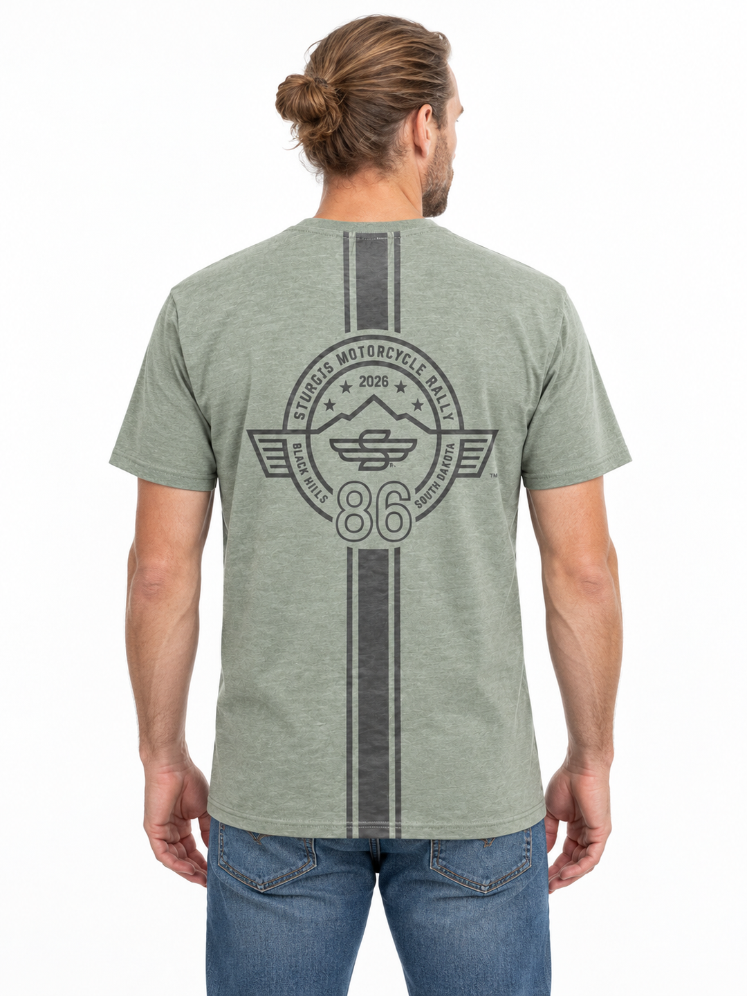 Sturgis 2026 Official Rally T-Shirt — Sage Green / Racing Stripes — model back view