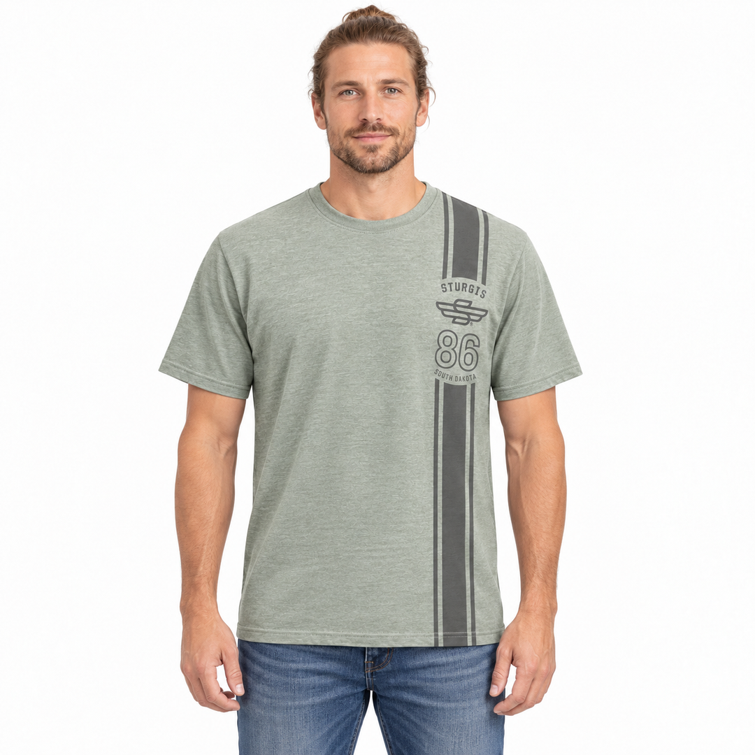 Sturgis 2026 Official Rally T-Shirt — Sage Green / Racing Stripes — model front view