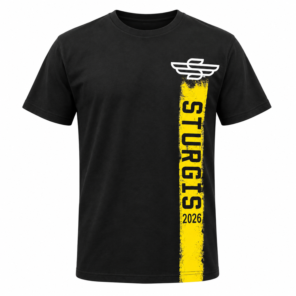Sturgis 2026 Official Rally T-Shirt — Black / Yellow Rough Stripe — front view