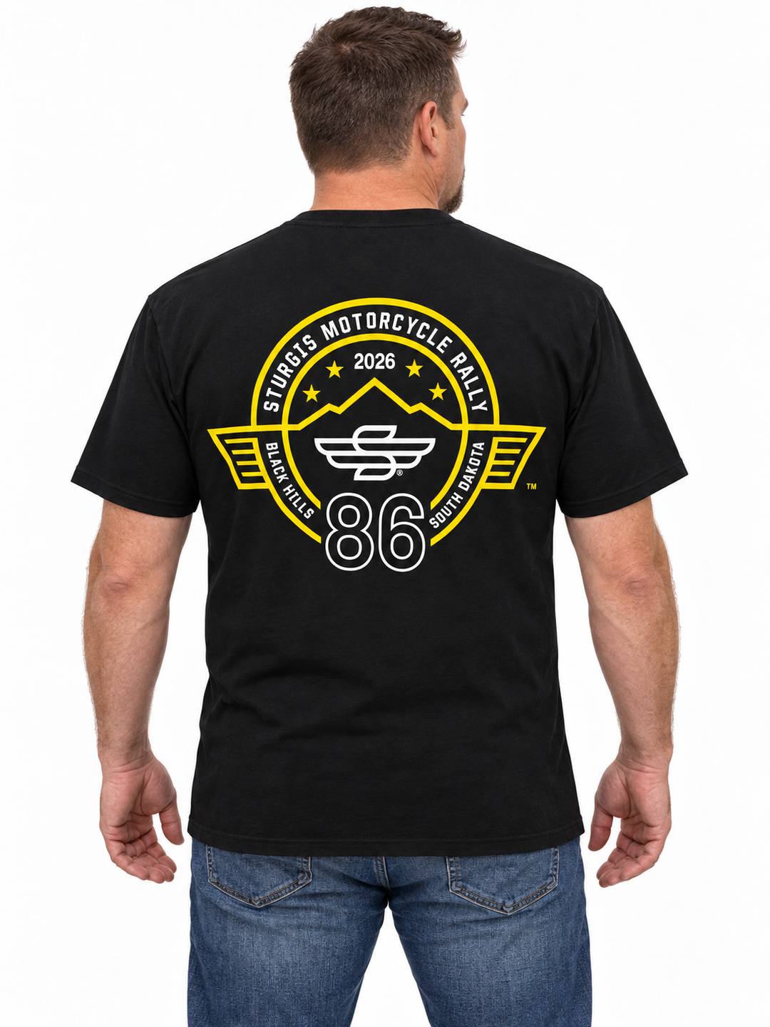 Sturgis 2026 Official Rally T-Shirt — Black / Yellow Rough Stripe — model back view
