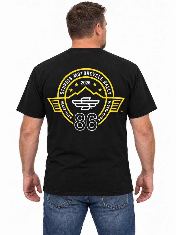 Sturgis 2026 Official Rally T-Shirt — Black / Yellow Rough Stripe — model back view