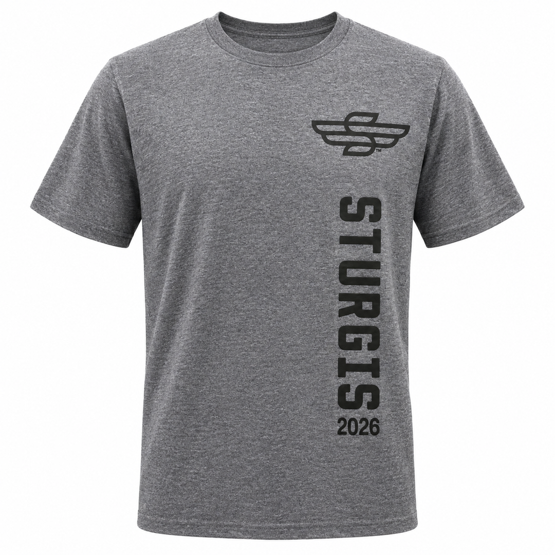 Sturgis 2026 Official Vertical Logo T-Shirt — Heather Gray / Black — front view