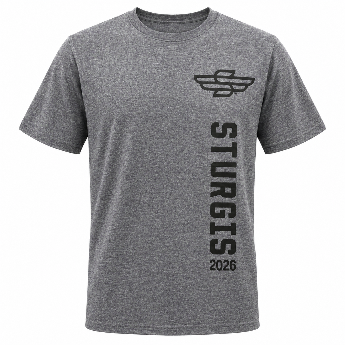 Sturgis 2026 Official Vertical Logo T-Shirt — Heather Gray / Black — front view