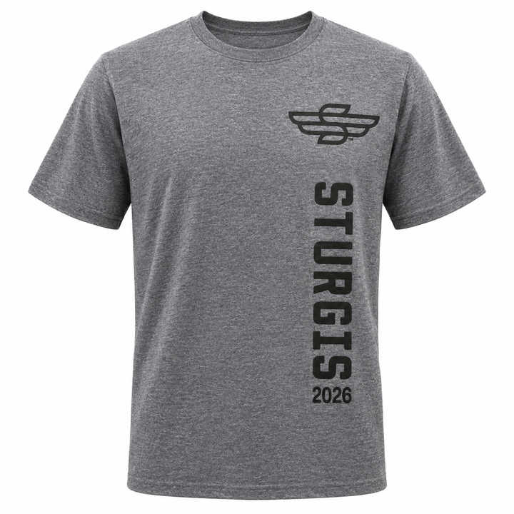 Sturgis 2026 Official Vertical Logo T-Shirt — Heather Gray / Black — front view