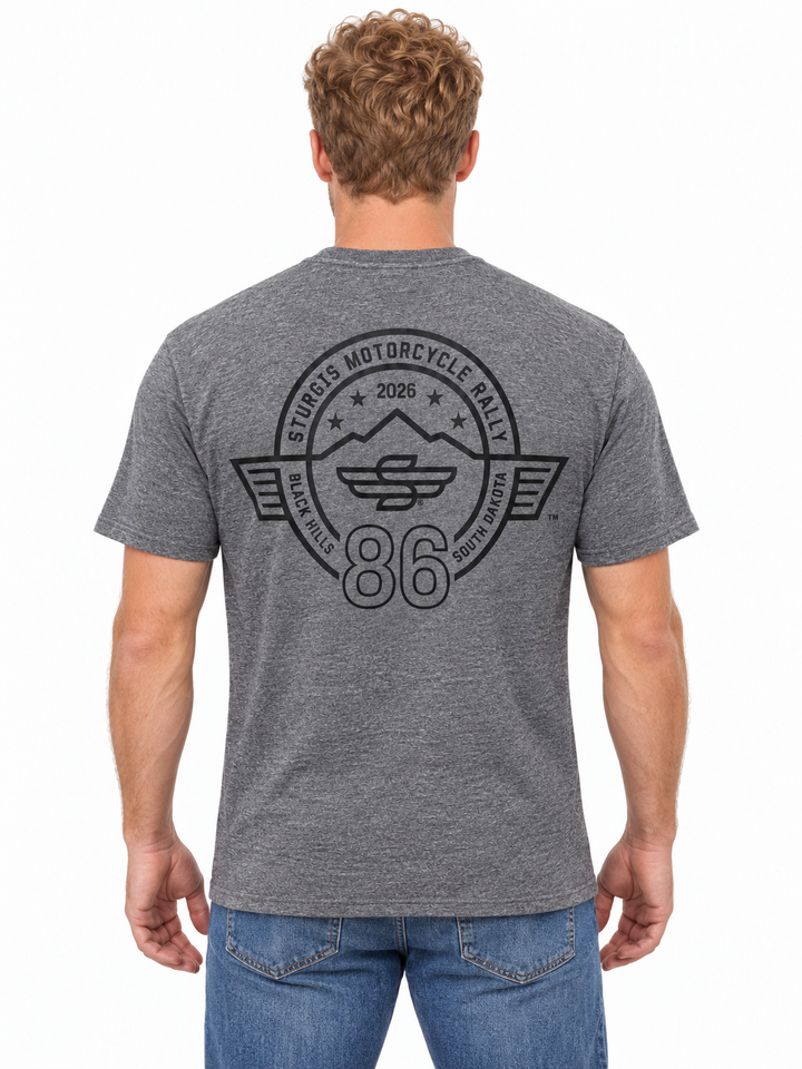 Sturgis 2026 Official Vertical Logo T-Shirt — Heather Gray / Black — model back view