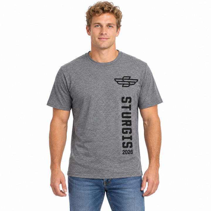 Sturgis 2026 Official Vertical Logo T-Shirt — Heather Gray / Black — model front view