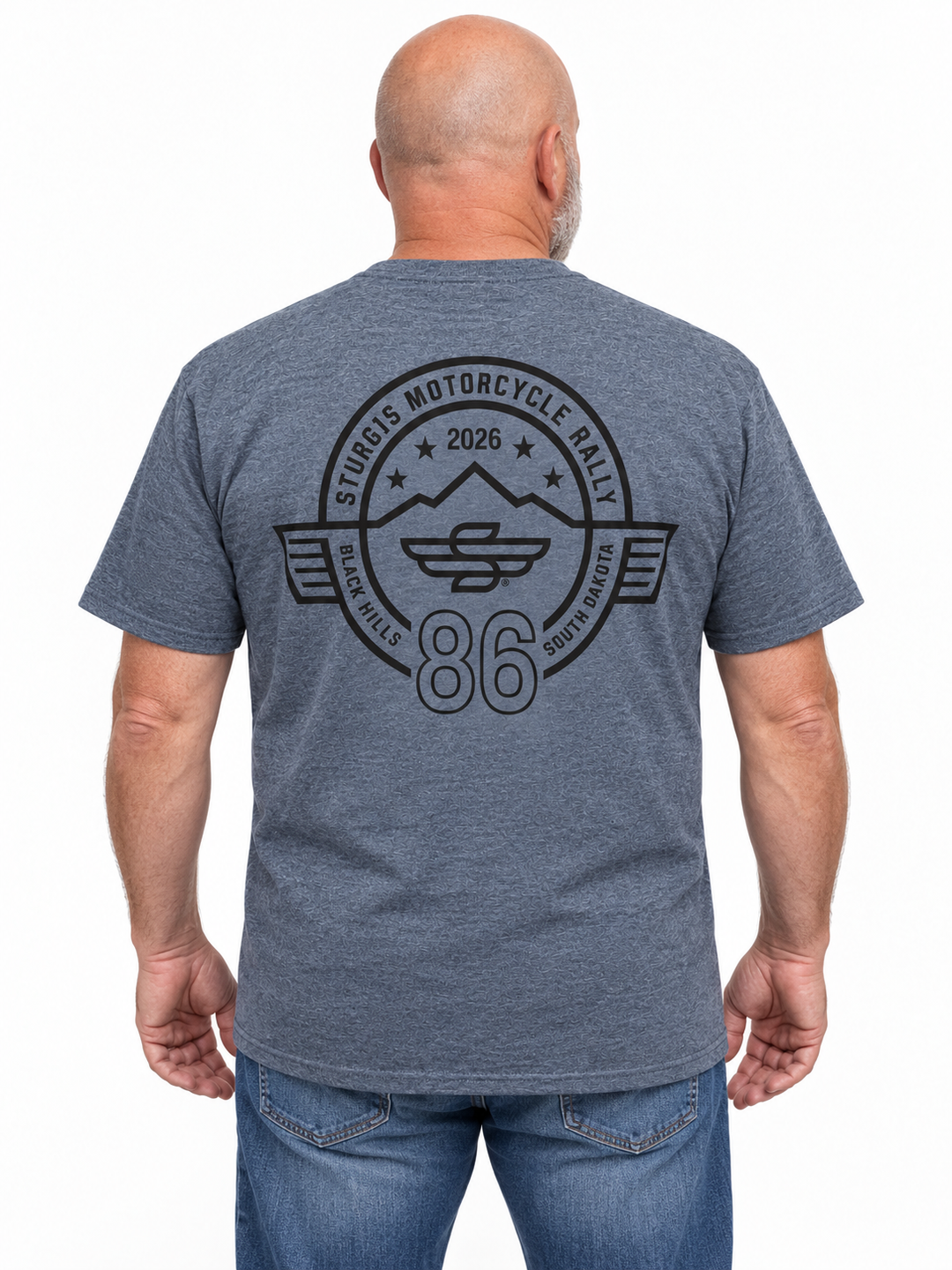 Sturgis 2026 Official Rally Logo T-Shirt — Heather Charcoal / Black — model back view
