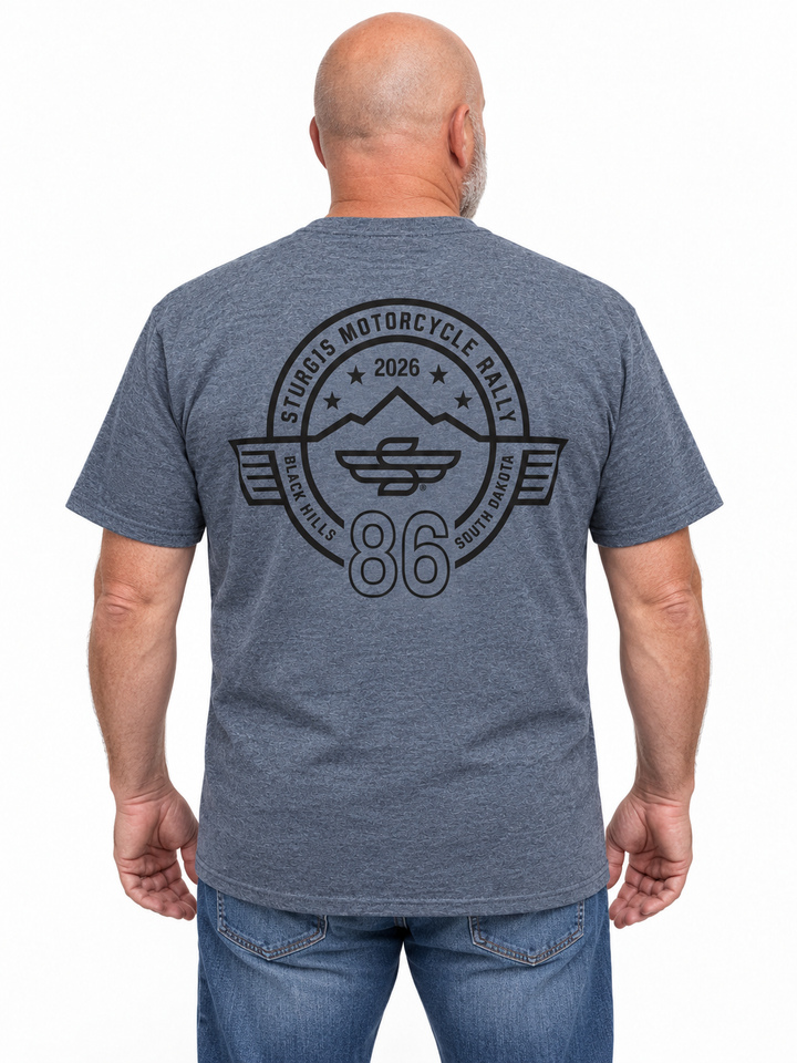 Sturgis 2026 Official Rally Logo T-Shirt — Heather Charcoal / Black — model back view
