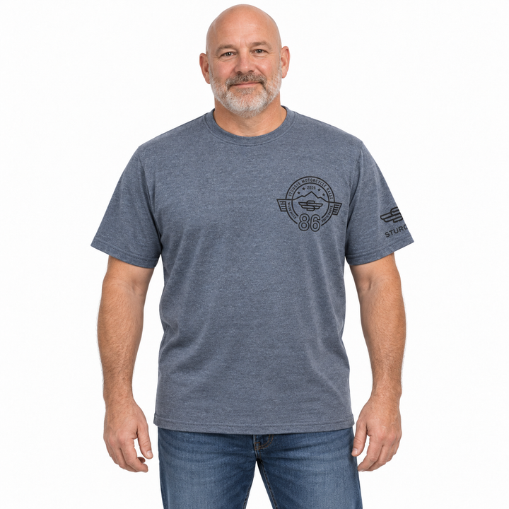 Sturgis 2026 Official Rally Logo T-Shirt — Heather Charcoal / Black — model front view