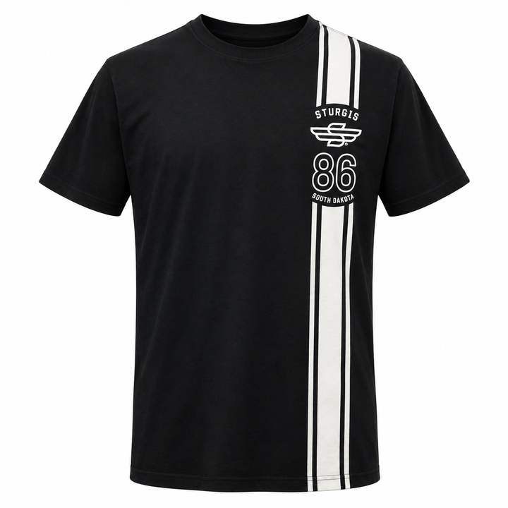 Sturgis 2026 Official Rally T-Shirt — Black / White Racing Stripes — front view
