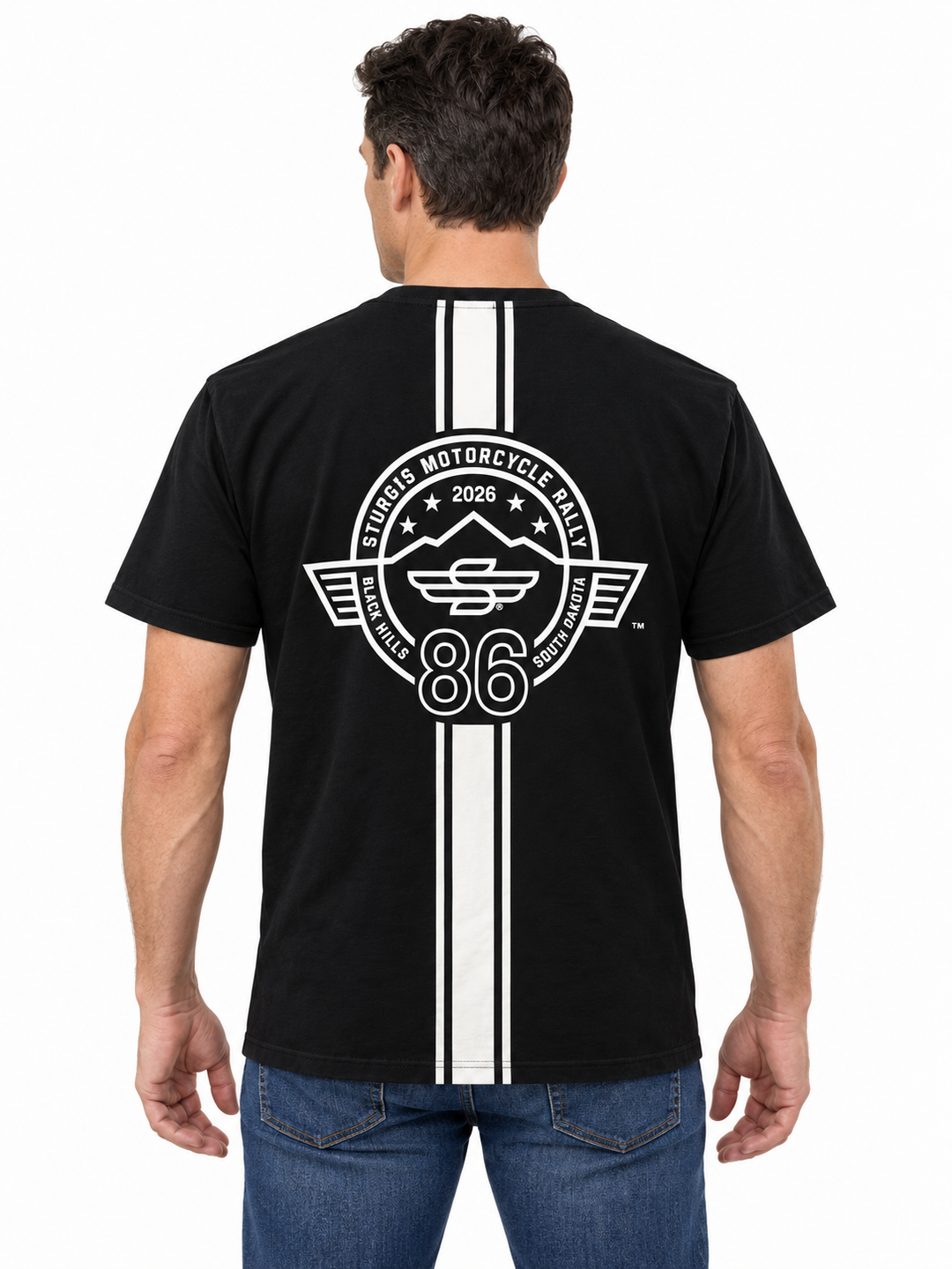 Sturgis 2026 Official Rally T-Shirt — Black / White Racing Stripes — model back view