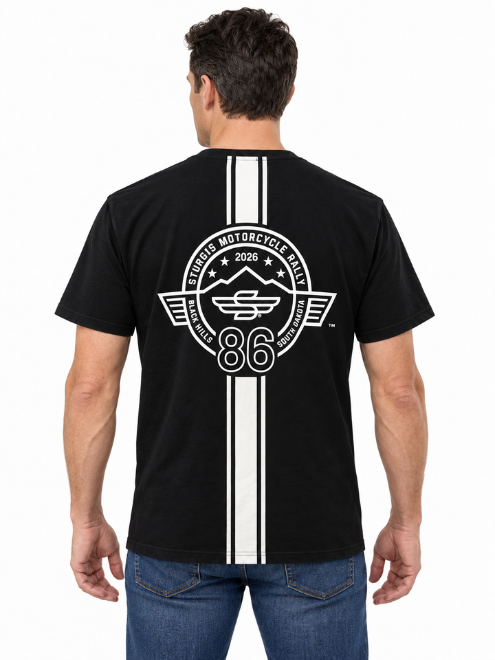 Sturgis 2026 Official Rally T-Shirt — Black / White Racing Stripes — model back view