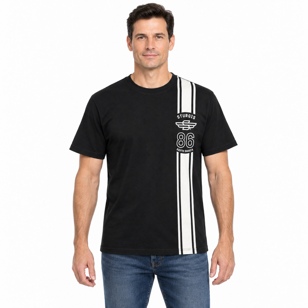 Sturgis 2026 Official Rally T-Shirt — Black / White Racing Stripes — model front view