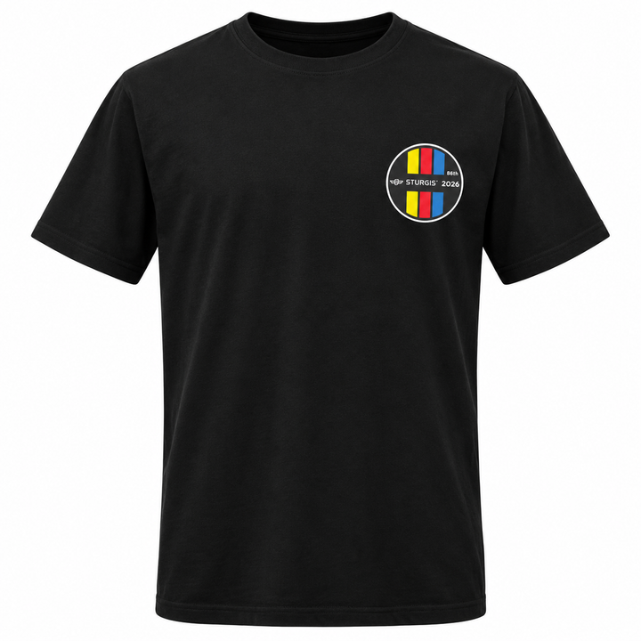 Sturgis 2026 Official Rally T-Shirt — Black / Retro Stripe — front view