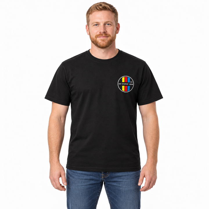 Sturgis 2026 Official Rally T-Shirt — Black / Retro Stripe — model front view