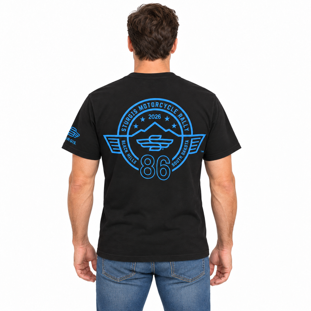 Sturgis 2026 black blue-logo T-shirt — model back view