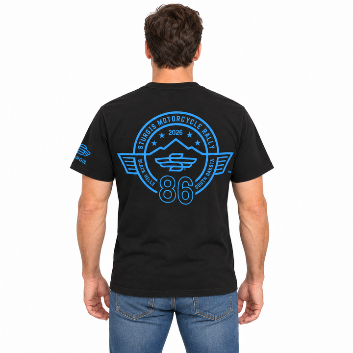 Sturgis 2026 black blue-logo T-shirt — model back view