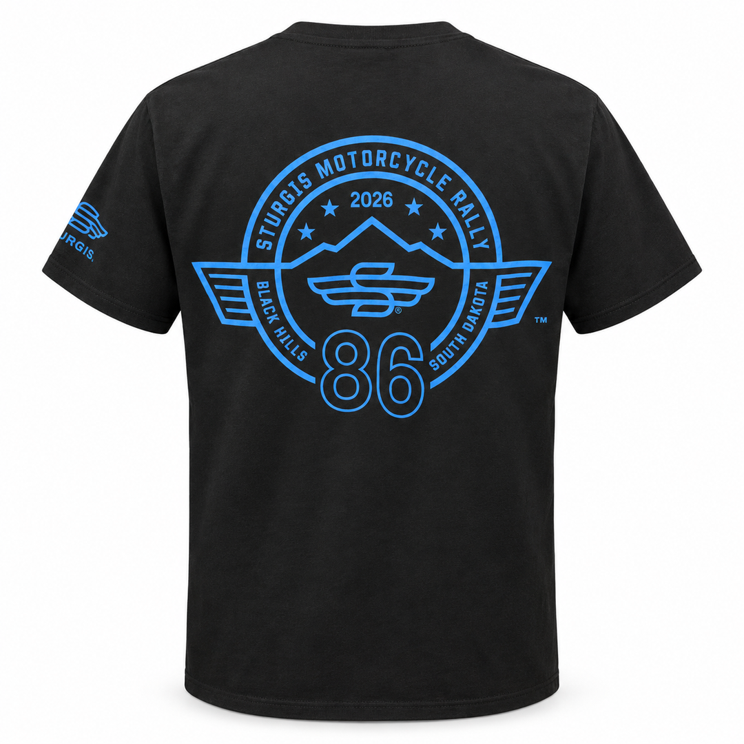 Black Sturgis 2026 official 86th Motorcycle Rally T-shirt, large blue logo on back