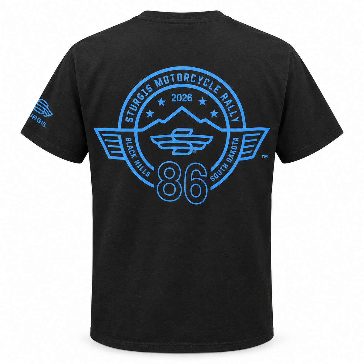Black Sturgis 2026 official 86th Motorcycle Rally T-shirt, large blue logo on back