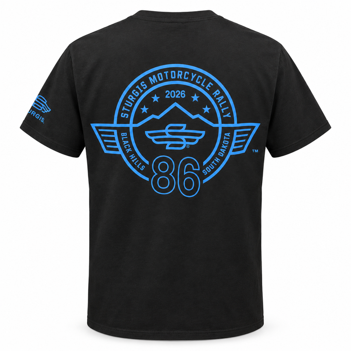 Black Sturgis 2026 official 86th Motorcycle Rally T-shirt, large blue logo on back