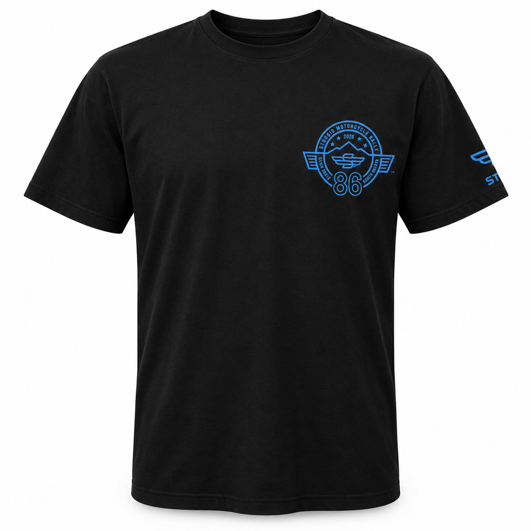 Black Sturgis 2026 official 86th Motorcycle Rally T-shirt, small blue left chest logo and sleeve print