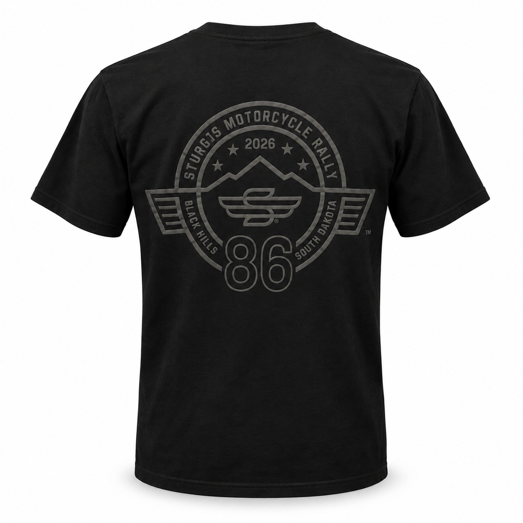 Sturgis 2026 official black-on-black T-shirt with raised Winged-S 86th rally back logo