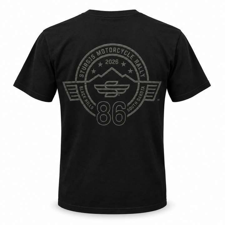 Sturgis 2026 official black-on-black T-shirt with raised Winged-S 86th rally back logo