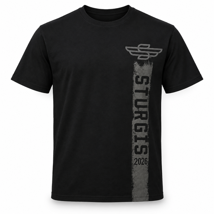 Black-on-black Sturgis 2026 T-shirt with tonal Winged-S and vertical front graphic
