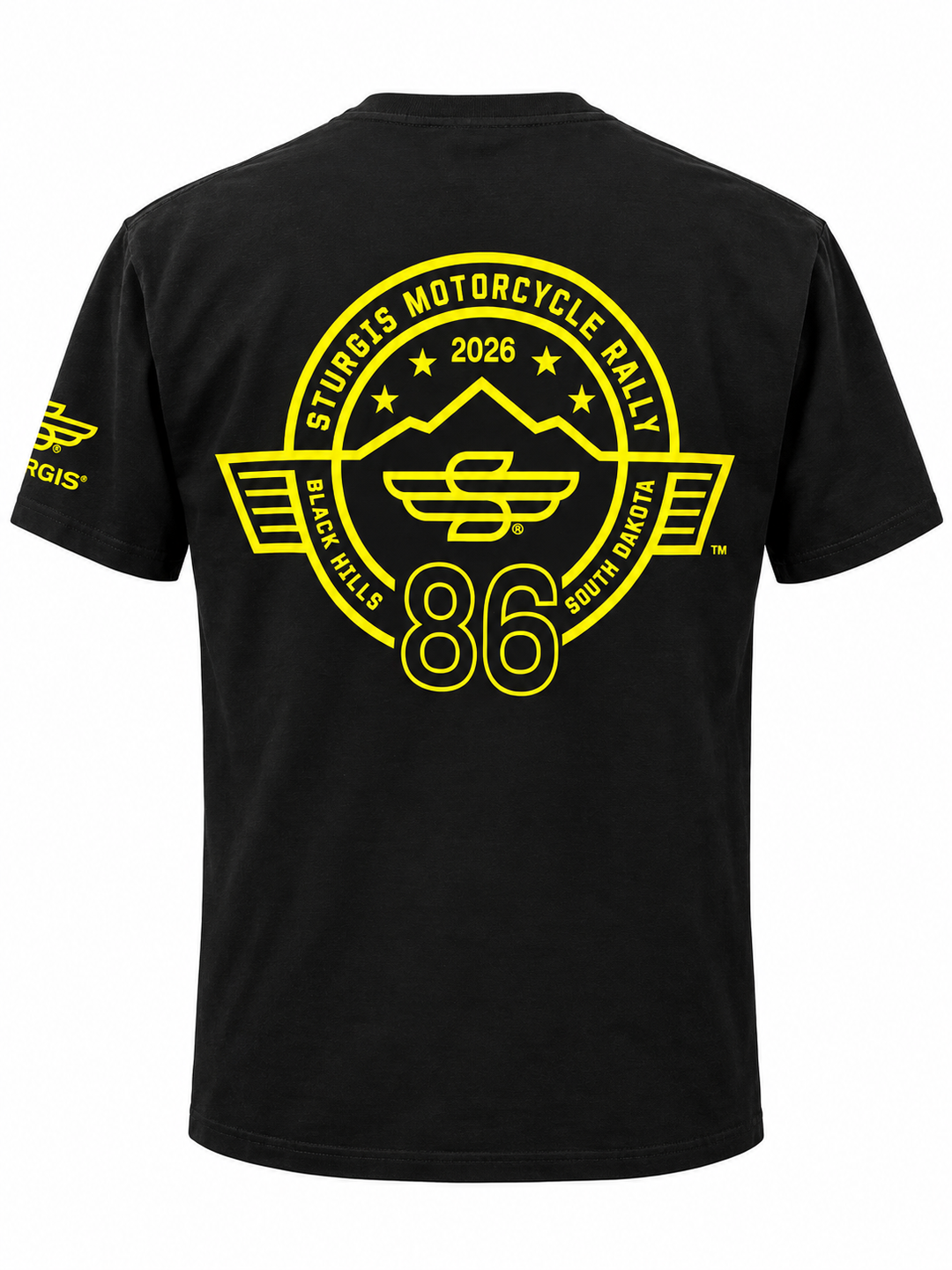 Back view of black Sturgis 2026 official 86th rally T-shirt with yellow logo