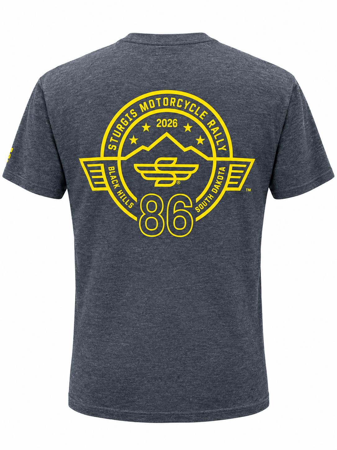 Sturgis 2026 official heather charcoal T-shirt with yellow 86th rally logo — back