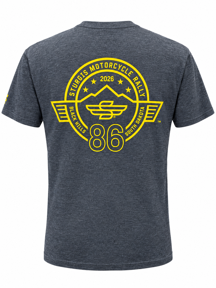 Sturgis 2026 official heather charcoal T-shirt with yellow 86th rally logo — back