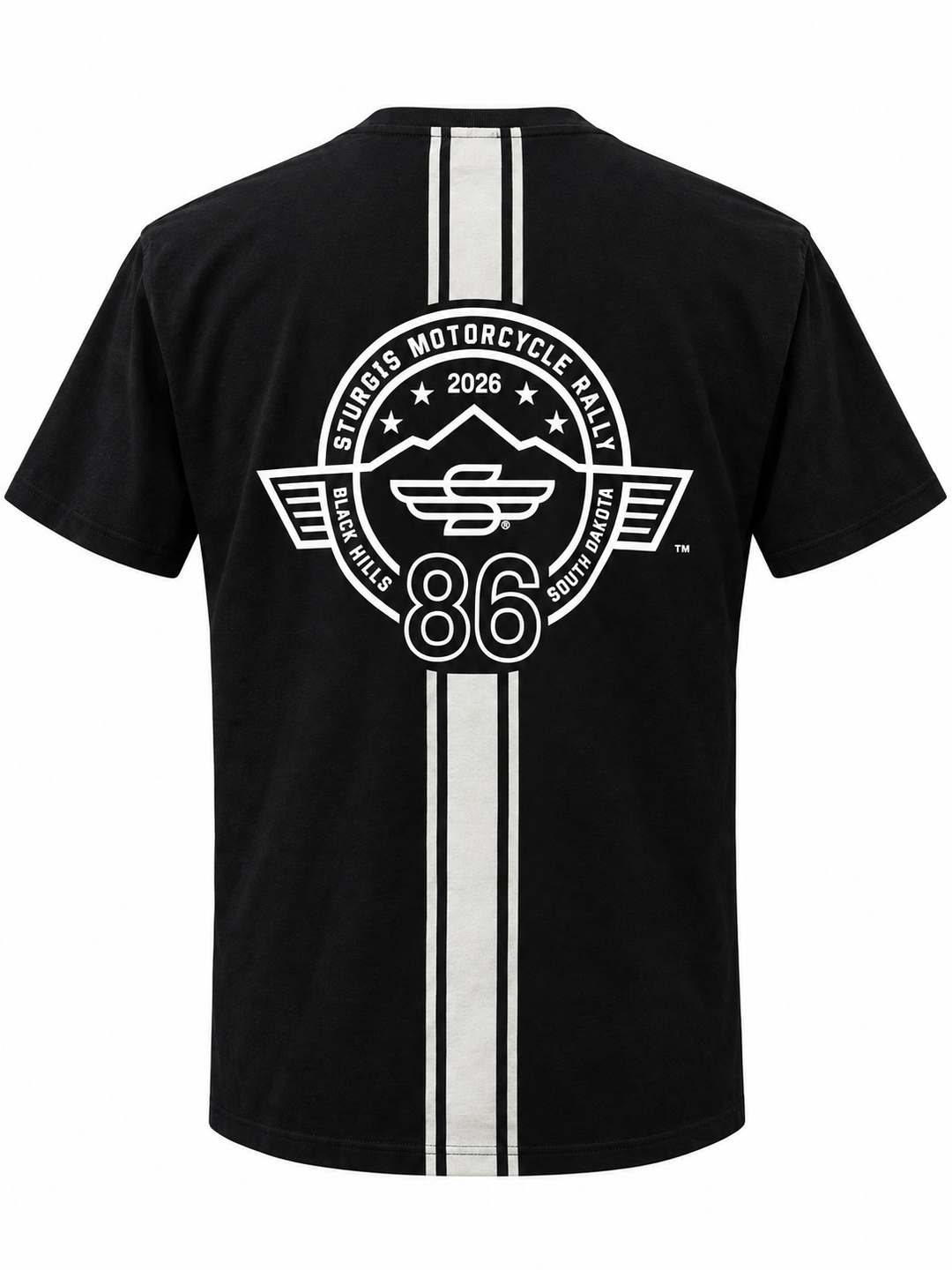 Sturgis 2026 Official Rally T-Shirt — Black / White Racing Stripes — back