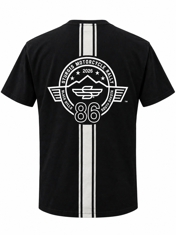 Sturgis 2026 Official Rally T-Shirt — Black / White Racing Stripes — back