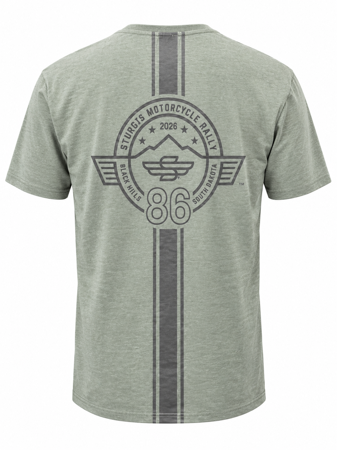 Sturgis 2026 official sage green Racing Stripes T-shirt with gray S logo — back