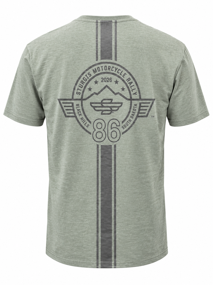 Sturgis 2026 official sage green Racing Stripes T-shirt with gray S logo — back